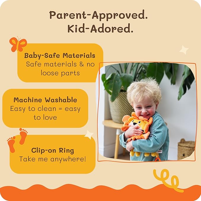 Funstuff Roary The Lion Crinkle Toy for Baby - Sensory Tummy Time Toys - Plush Stuffed Animal with Teething Toy Chew Ring