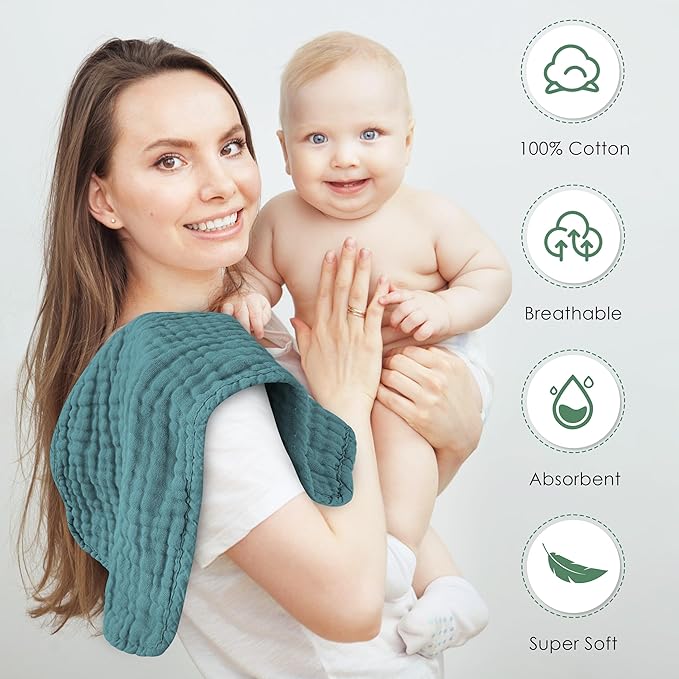 Muslin Burp Cloths 100% Cotton Large 20''x10'' Extra Soft and Absorbent Baby Wash Cloths Spit Up Rags - Baby Burping Cloth for Boys Girls Items(12 Pack Ivory, Slate and Emerald Series)