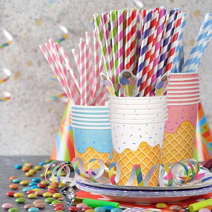 Ice Cream Party Supplies Kit for 24: Ultimate Bundle with Vibrant Paper Plates, Napkins, Cups, Tablecloth & Banner - Ice Cream Birthday Party Decorations