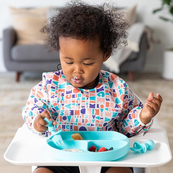 Bumkins - Sleeved Bib - For Boys & Girls, Babies & Toddlers 6-24 Months - Lightweight, Durable, Waterproof - Long Sleeve Bib - Catch-All Pocket - Wipeable & Machine Washable - Btwf - 2 Pack