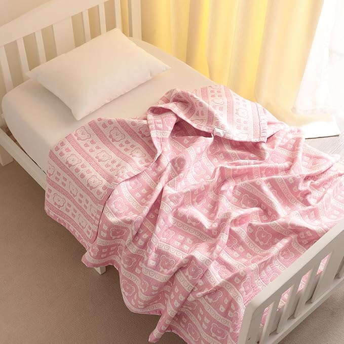 NTBAY 3 Layer Oversized Muslin Cotton Toddler Blanket, Jacquard Reversible Nursery Bed Blanket, Super Soft and Thermal for All Seasons, Baby Gift, 45"x60", Pink Bear