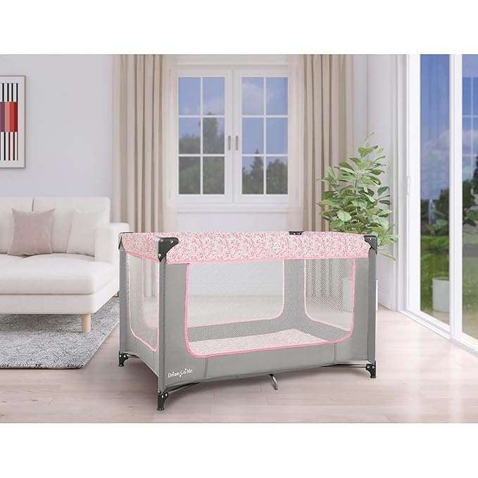 Dream On Me Zodiak Portable Playard in Grey and Pink, Lightweight, Packable and Easy Setup Baby Playard, Breathable Mesh Sides and Soft Fabric - Comes with a Removable Padded Mat