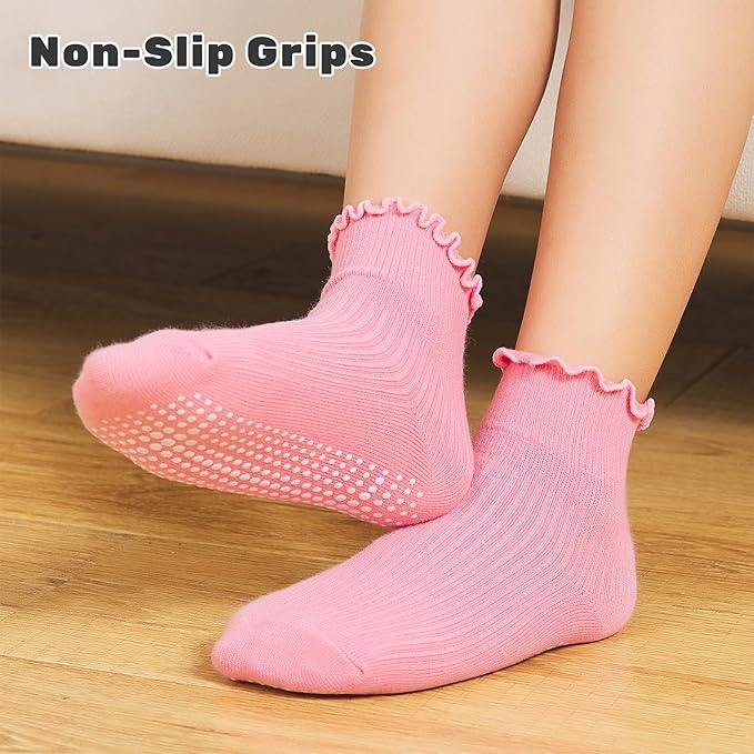 6 Pairs Toddler Ruffle Socks for Girls - Baby Grip Socks with Non-Slip, Cute Grippy Frilly Design