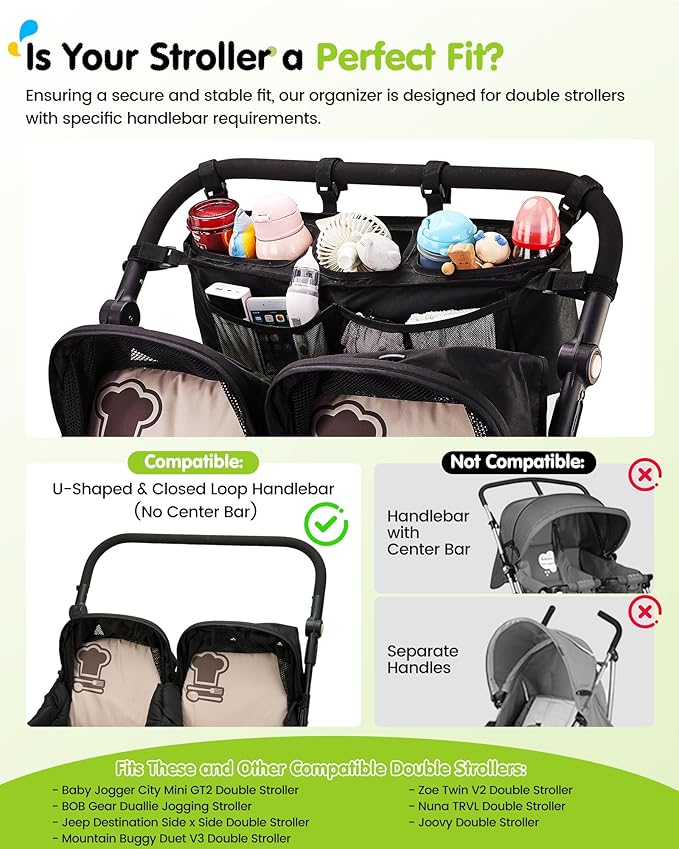 Double Stroller Organizer with 11 Compartment for Bob Duallie, Baby Jogger City Mini GT2, Double Jogging Stroller Caddy, Jeep, Zoe Stroller Accessories with 2 Insulated Pocket, Parent Console