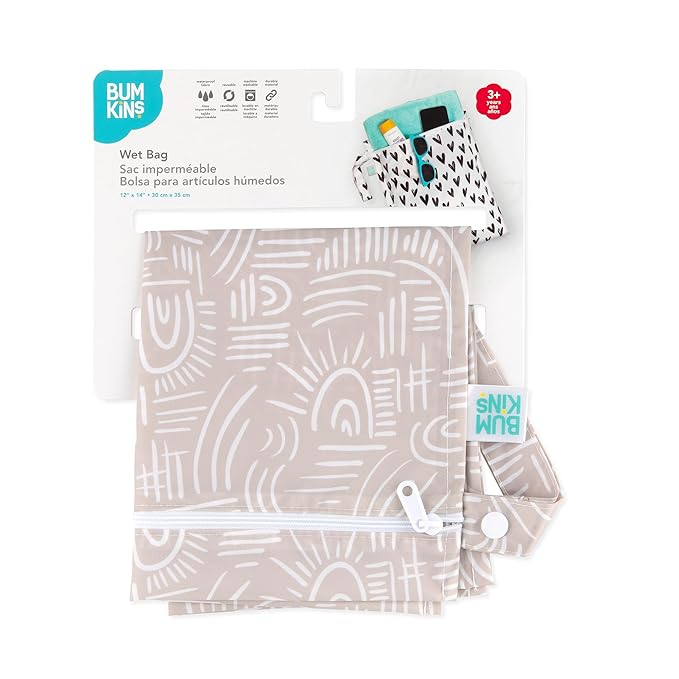 Bumkins Waterproof Wet Bag for Baby, Travel, Swim Suit, Cloth Diapers, Pump Parts, Pool, Beach, Gym Clothes, Toiletry, Hook to Stroller, Daycare, Zipper Reusable Wetdry Packing Pouch, Boho Beige