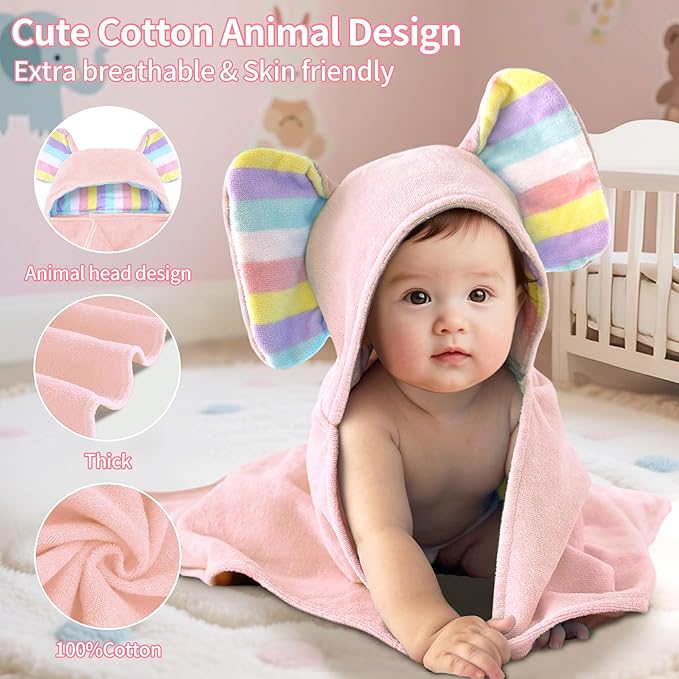 VOOVA & MOVAS Thick Baby Hooded Bath Towel - 100% Cotton,500GSM, 33x31.5 Inches,0-2Years,Super Absorbent Large Towel with Cute Elephant Ears Hood for Newborn, Baby, Infant, Baby Essentials,Pink