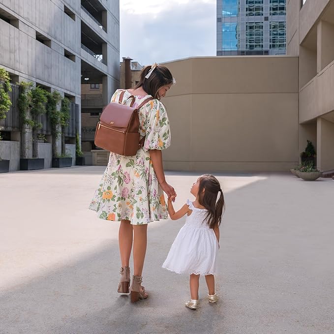 Freshly Picked Mini Classic Diaper Bag Backpack, Wipeable Vegan Leather, 8 Pockets Total (Cognac)