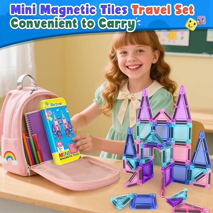Magnetic Tiles Toddler Toys Travel Essential Games Magnet Building Blocks STEM Sensory Educational Toys for 3 4 5 6 7 8+ Year Old Boys Girls Christmas Birthday Gifts