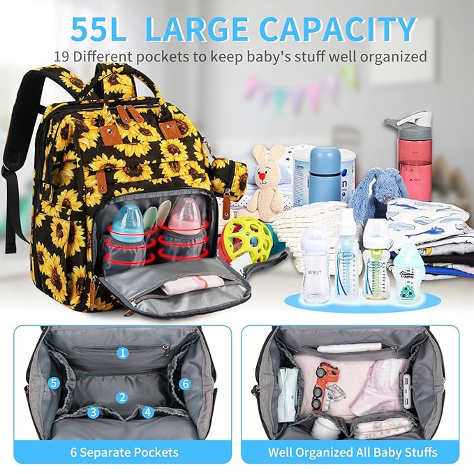 KABAQOO Diaper Bag Backpack with Detachable Changing Station, Large Capacity Baby Diaper Bags for Boys & Girls, Baby Registry Search Stuff & Shower Gifts, Newborn Essentials Must Haves, Sunflower