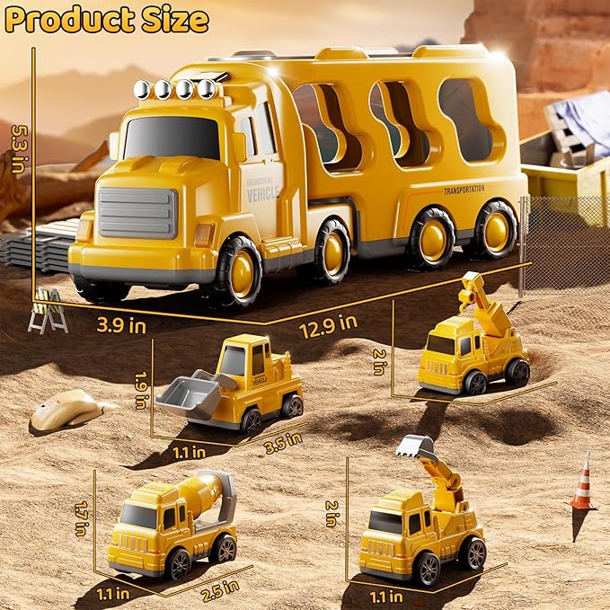 Construction Truck Toys Set for Kids Aged 1 2 3 4 5 6 7 8, Truck Playset with Toy Cars, Light and Sound, Movable Parts Construction Toys for Toddlers, Birthday Gifts for Boys Girls 2-4 4-7