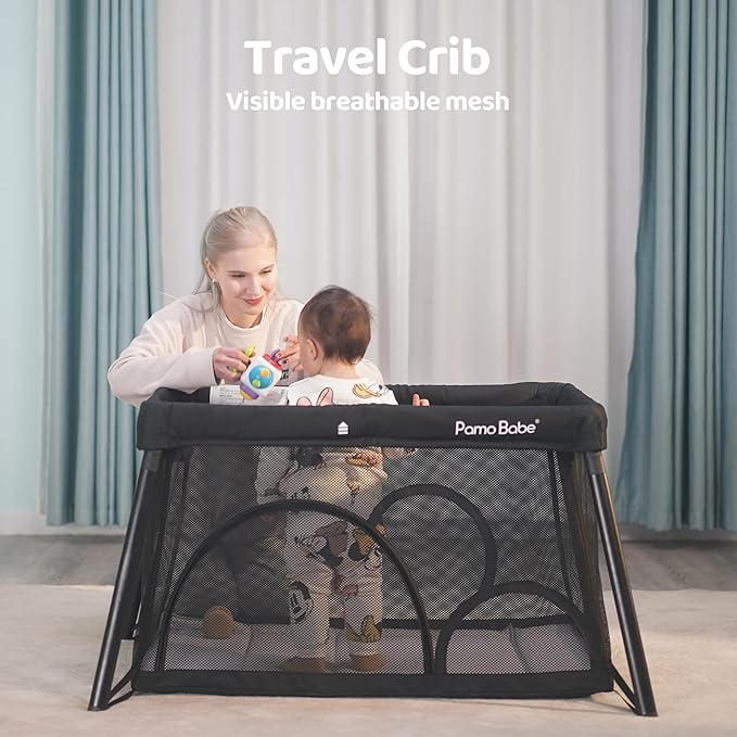Pamo Babe Travel Crib Lightweight Playpen Baby Playard with Bassinet Portable Mini Playard