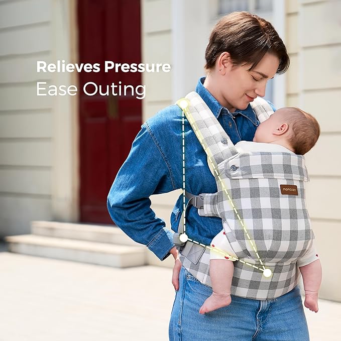 Momcozy Baby Carrier with Natural Cotton Linen, Built to Last, Ergonomic Design, Lightweight and Comfortable, Hands-Free for Moms&Dads, Slate Checkerboard