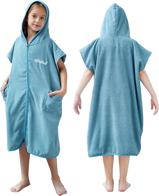 Hiturbo Kids Bath Towel Hoodie: Absorbent Quick Dry Zipper Surf Poncho - Changing Towels Swimming Outerwear (Blue)