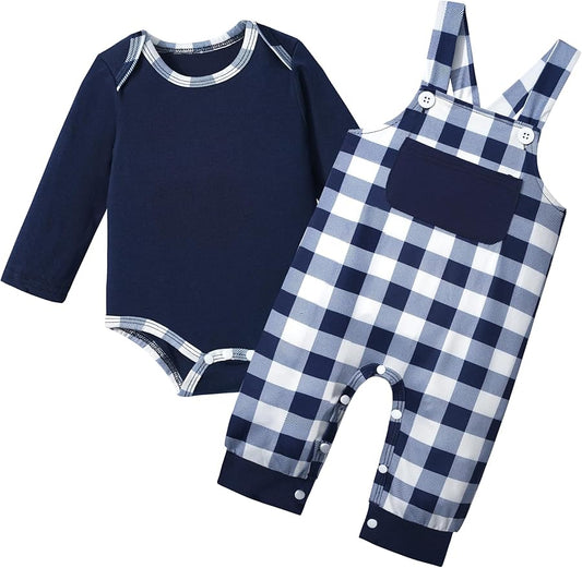 Baby Boy Clothes Long Sleeve Animal Plaid Romper + Overalls Infant Boy Clothes 2PCS Fall Winter Outfits