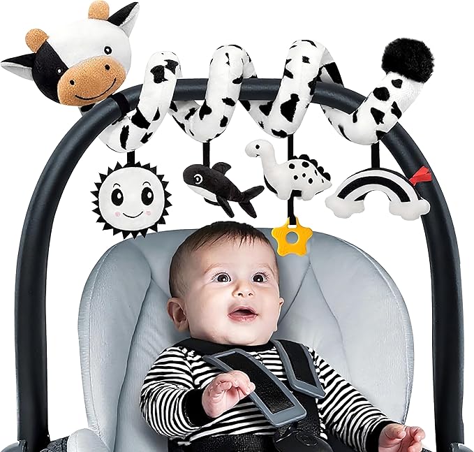 Spiral Car Seat Baby Toys 0-6 Months, Infant Carseat High Contrast Sensory Toys Hanging Stroller Accessories, Newborn Gifts for Baby Boys Girls Essentials Stuff, Cute Black and White Cow