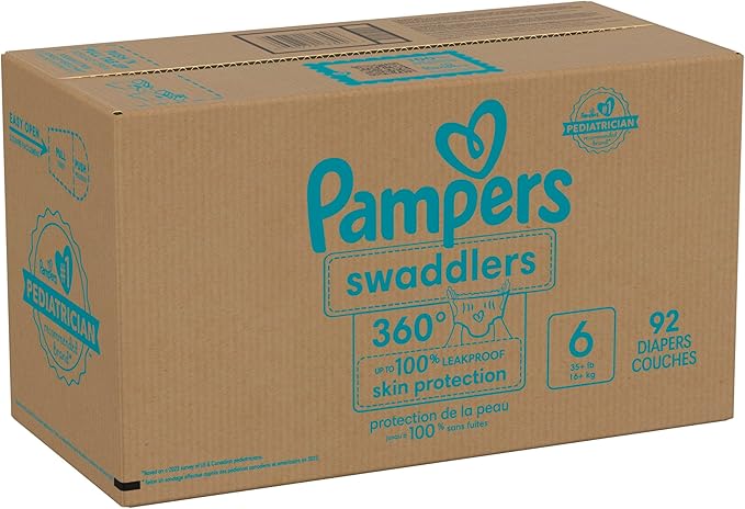 Pampers Diapers - Swaddlers 360° - Size 6, 92 Count, up to 100% Leakproof Comfy Dry Fit, Designed for Easy Changes, Pull On Baby Diaper (Packaging May Vary)