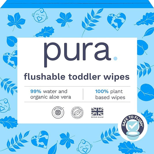 Pura Flushable Toddler Wipes 10 x 60 Wipes (600 Wipes), 100% Plastic Free, 99% Water, Hypoallergenic & Fragrance Free, Totally Chlorine Free, Kids Toilet Wipes, Sensitive Skin