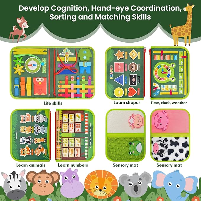 Toddler Busy Board Montessori Toys, Sensory Board Busy Book, Busy Board for Toddlers 2-4, Preschool Learning Activities with Life, Forest Animals Green, 8 Pages and 2 Pages Sensory Mats
