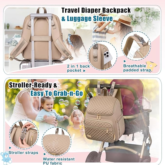Weitars Diaper Bag Backpack Large Baby Diaper Bag with Changing Pad Travel Diaper Backpack,Baby Bag for Boys Girls,Stroller Straps,5 Insulated Pockets (Khaki)