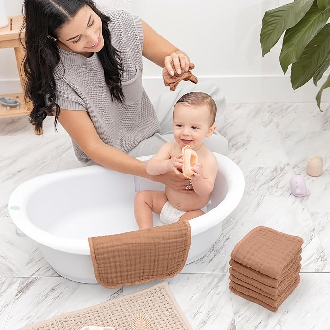 Comfy Cubs Muslin Baby Washcloths 6 Pack - Soft 6-Layer Cotton Wash Cloths for Sensitive Skin - 10"x10" Large, Gentle, Absorbent Infant Essentials for Newborn and Toddlers - Caramel