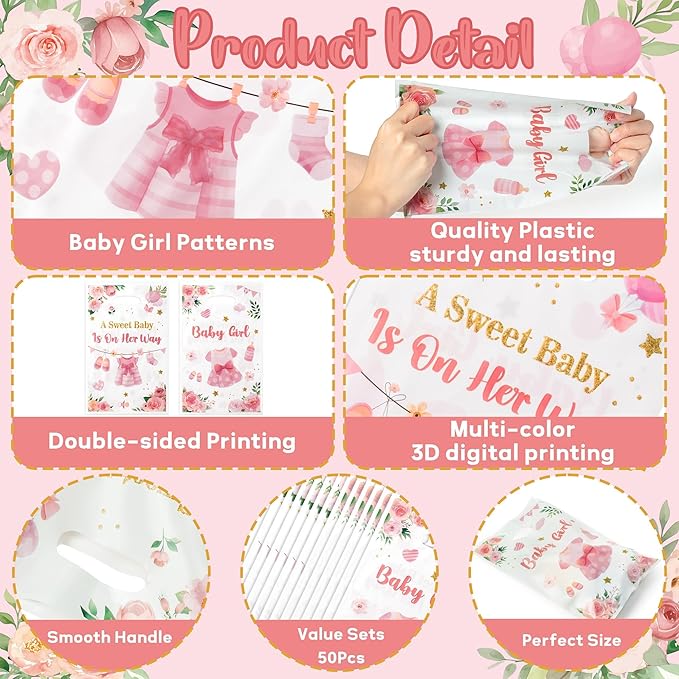 50Pcs Pink Floral Baby Shower Party Favor Bags, A Sweet Baby is on Her Way Goody Treat Bags, It's a Girl Pink Plastic Candy Gift Pack Party Supplies Decoration