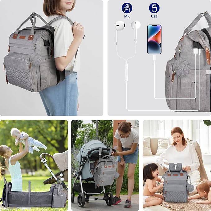 Baby Diaper Bag, Backpack with Changing Table, Unisex Baby Bag, with Diaper Pad, USB Charging Port, Insulated Pacifier Case, Multifunctional Waterproof Travel Diaper Bag, Gift for Newborn Baby (Grey)