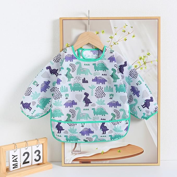 Sleeved Bib,5 Pack,Waterproof Shirt Bibs for Baby 3-24 Months Wipe Clean