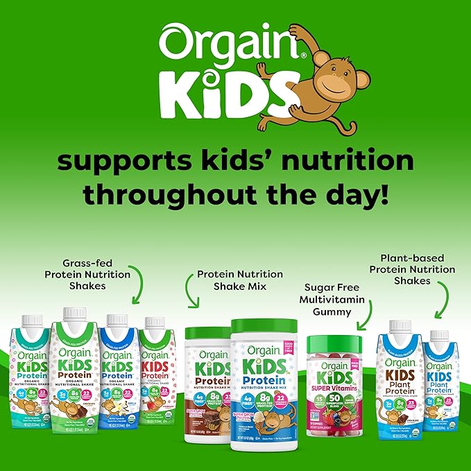 Orgain Organic Kids Protein Nutritional Shake, Chocolate - 8g of Protein, 22 Vitamins & Minerals, Fruits & Vegetables, Gluten Free, Soy Free, Non-GMO, 8.25 Fl Oz (Pack of 12)