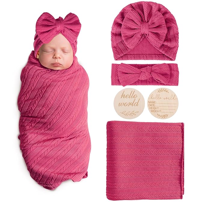 Newborn Receiving Blanket with Bow Hat Headband Wooden Card Set Wheat-Pattern Newborns Toddler Baby Boy Girl Nursery Swaddle Wrap