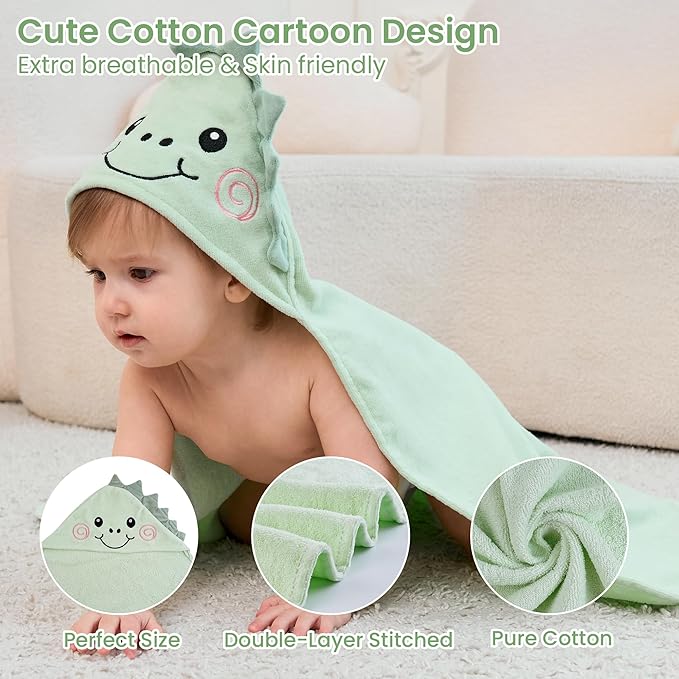 Mooreeke 2 Pack Toddler Towels - 100% Cotton Toddler Hooded Towels - Soft Baby Bath Towel with Hood for Newborn - Comfort Towel for Baby Girls and Boys - Animal Shaped (Dinosaur & Bunny)
