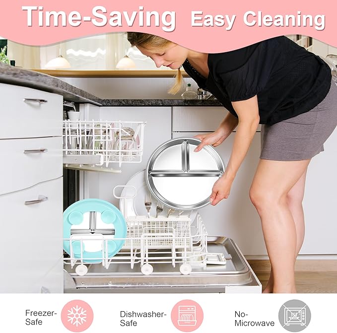 Stainless Steel Toddler Plates Silicone Suction,3 Packs Non-Slip Baby Plates,Divided Portion,Food-Grade Silicone Plate for Kids,LEAD-FREE Dishwasher Safe,Blue Mint Green Grey