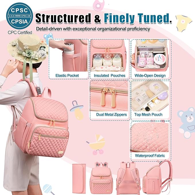 Weitars Diaper Bag Backpack Large Baby Diaper Bag with Changing Pad Travel Diaper Backpack,Baby Bag for Boys Girls,Stroller Straps,5 Insulated Pockets (Pink)