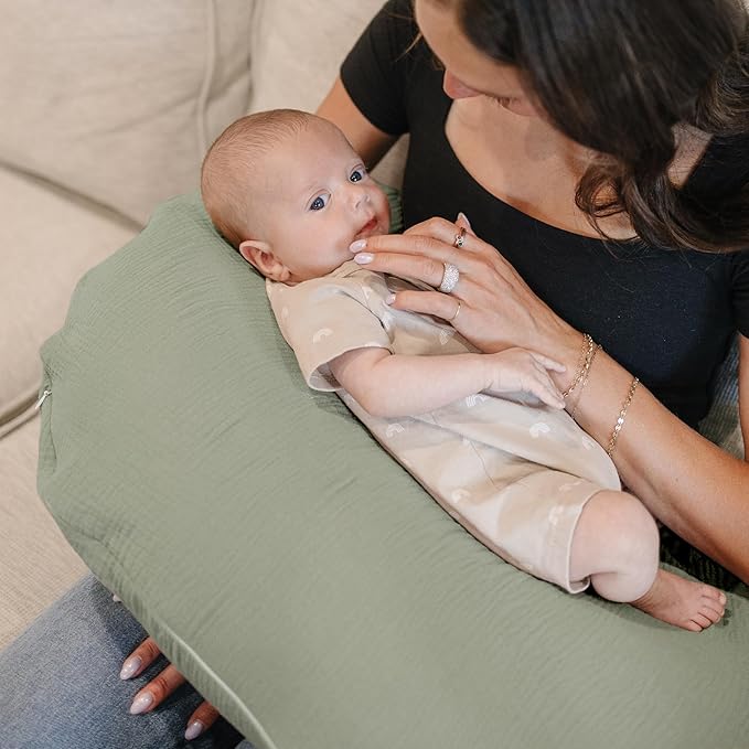 Konssy Muslin Nursing Pillow Covers, Soft and Cute Nursing Covers for Breastfeeding Pillows, Ideal for Newborn Baby Boys and Girls (Fog Green, Sprout) - 2 Pack