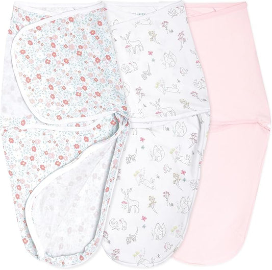 aden + anais Essentials Easy Swaddle Wrap Quick Change with Bottom Zipper, Snug Cotton Knit Baby Wrap Swaddle Blanket for Newborns, TOG 1.0, 3-Pack, Fairy Tale Flowers, 0-3 Months, Small/Medium