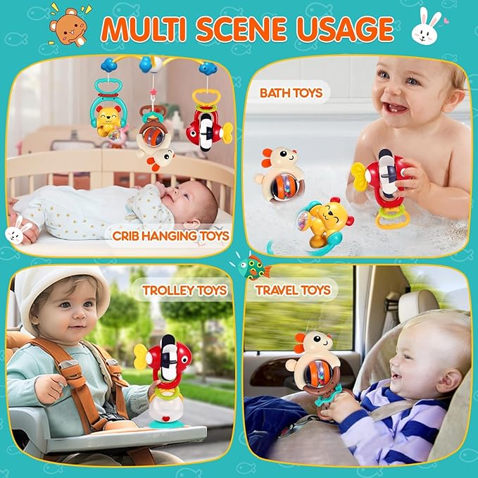 Baby Toys 6-12 Months Infant Toy Set of 3 High Chair Suction Cup Rattle Teething Toys for Babies 6 7 9 12-18 Months 2-in-1 Sensory Development Tray Toy Baby Gifts for Boys Girls