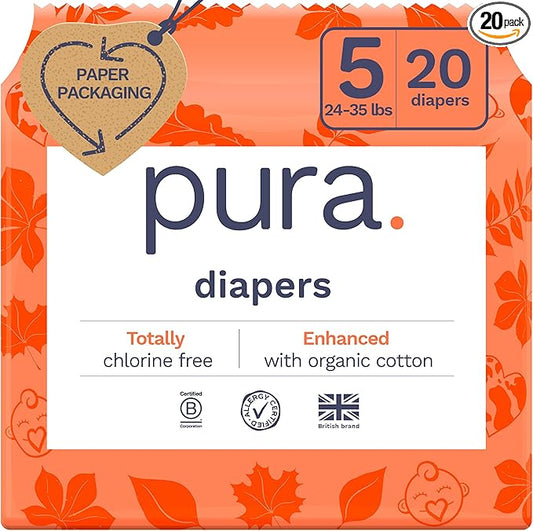 Pura Size 5 Eco-Friendly Diapers (24-35lbs) Totally Chlorine Free (TCF) Hypoallergenic, Soft Organic Cotton, Sustainable Comfort, 12 Hours Leak Protection, Allergy UK,1 Pack of 20 Diapers