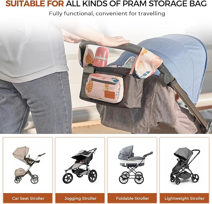 Universal Stroller Organizer with Insulated Cup Holder & Detachable Wristlet Large Capacity Baby Stroller Bag Organizer for Mom, Baby Jogger, Uppababy, Britax, BOB, Umbrella & Pet Strollers (Garden)