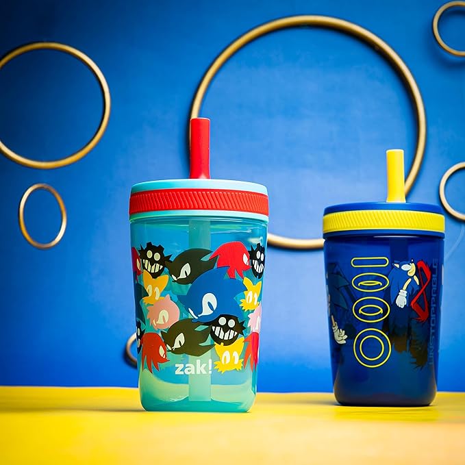 Zak Designs Sonic the Hedgehog Kelso Toddler Cups For Travel or At Home, 15oz 2-Pack Durable Plastic Sippy Cups With Leak-Proof Design is Perfect For Kids (Sonic)