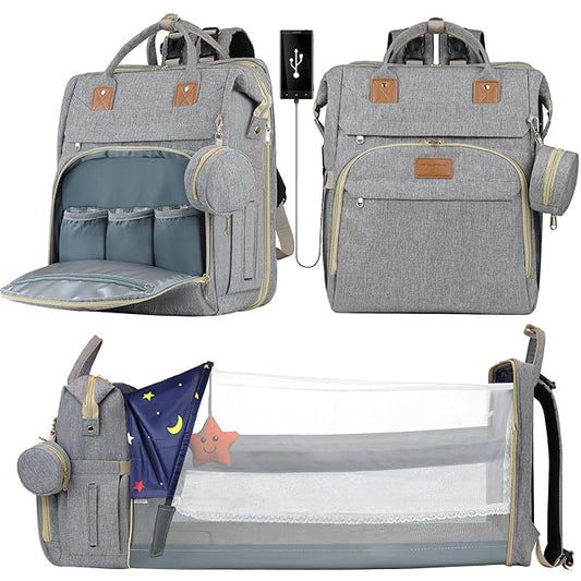 Diaper Bag Backpack for Mom and Dad, Large Capacity Baby Travel Bag with USB Charging Port, Waterproof Foldable Baby Bag for Boys and Girls, Stylish Maternity Backpack for Travel & Hospital,Grey