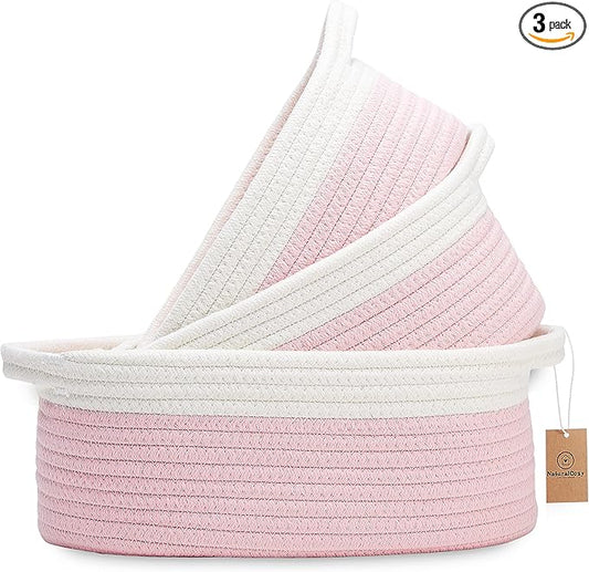 NaturalCozy 3-Piece Oval Storage Basket Set– Soft Natural Rope Woven Baskets for Storage Shelf, Toy, Nursery, Gift, Baby Shower, Pets Cat Dog Bins | Small Basket for Organizing (Off White & Pink)