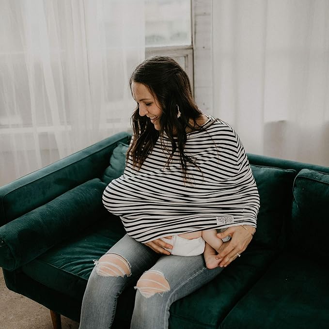 Parker Baby 4 in 1 Car Seat Cover for Girls and Boys - Stretchy Carseat Canopy, Nursing Cover, Grocery Cart Cover, High Chair Cover - Gray/White Stripes