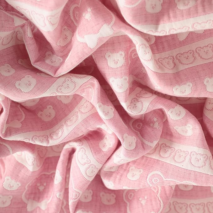NTBAY 3 Layer Oversized Muslin Cotton Toddler Blanket, Jacquard Reversible Nursery Bed Blanket, Super Soft and Thermal for All Seasons, Baby Gift, 45"x60", Pink Bear
