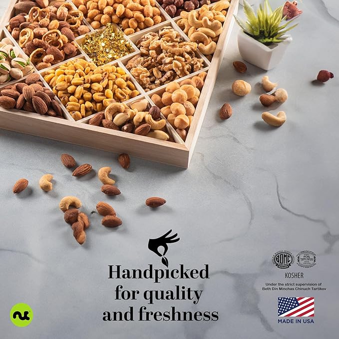 NUT CRAVINGS - Mixed Nuts Gift Basket in Reusable Diamond Wooden Tray + Green Ribbon (12 Assortments) Food Arrangement, Healthy Snack Care Package, Food Assortments