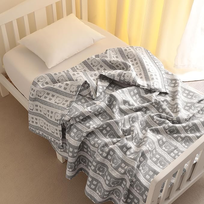 NTBAY 3 Layer Muslin Cotton Toddler Blanket, Jacquard Reversible Nursery Bed Blanket, Super Soft and Thermal for All Seasons, Decoration Gift, 30"x40", Dark Grey Bear