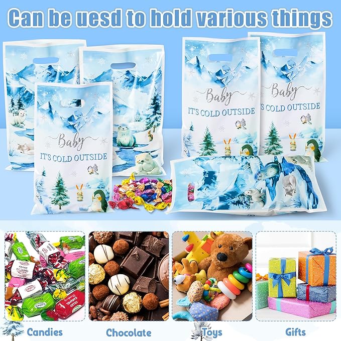 Winter Animals Party Favor Bags - 50Pcs Watercolor Polar Animals Goody Candy Treat Gifts Bags, Penguin Polar Bear Themed Party Decorations for Kids Birthday Baby Shower Winter Theme Events Supplies