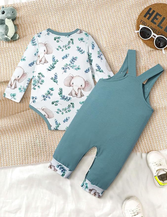 Baby Boy Clothes Long Sleeve Animal Plaid Romper + Overalls Infant Boy Clothes 2PCS Fall Winter Outfits