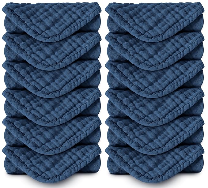 Muslin Burp Cloths 100% Cotton Large 20''x10'' Extra Soft and Absorbent Baby Wash Cloths Spit Up Rags - Baby Burping Cloth for Boys Girls Items(12 Pack Navy Blue)