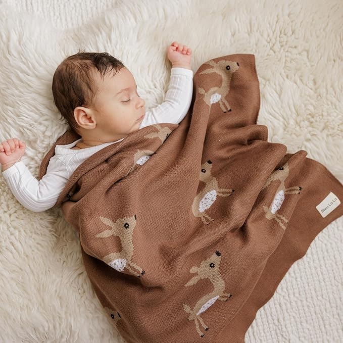 Knit Baby Swaddling Blanket - 100% Cotton Lightweight Soft Cozy Receiving Swaddle Stroller Quilt Blanket for Shower Gift Registry for Newborns, Infants, Toddlers (Deer - Mocha)