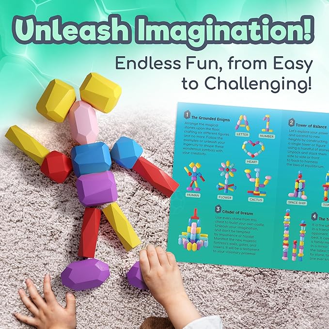 Wooden Stacking Blocks β Montessori Toys for 1 2 3 4 5 6 Year Old Toddlers and Kids, No Choking Hazard β Building Rocks Stones Games, for Girls and Boys