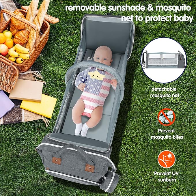 DERJUNSTAR Baby Diaper Bag Backpack with ChangingStation-Large Capacity Baby Bag for Boys & Girls, USBCharging Port, Pacifier Case, sunshade & Toy Bar,Waterproof, Pale Grey